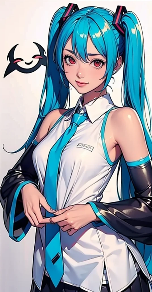 masterpiece, hatsune miku, 32K, (See-through shirt)Blue tie, Exposing shoulders, The sleeves are separated, Evil Smiley Face, Dark Skin, Red eyes, Iris, Pupil orange,Showing her panties,Pointed nipples,psychedelic,