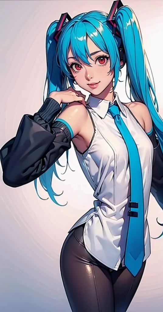 masterpiece, hatsune miku, White shirt, Blue tie, Exposing shoulders, The sleeves are separated, Evil Smiley Face, Dark Skin, Red eyes, Iris, Pupil orange,