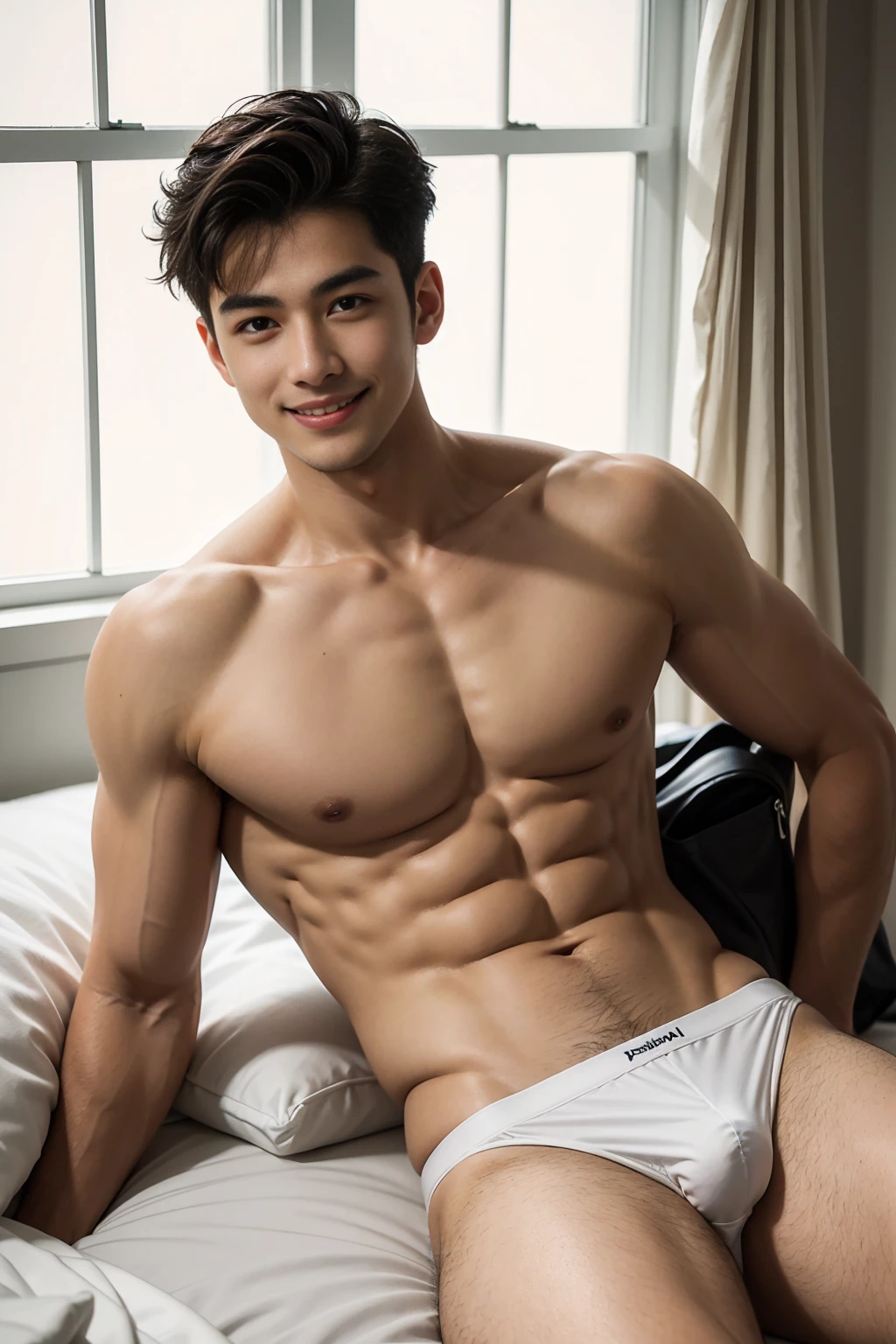 Ultra wide angle，italian 25yo guy , dark short hair with fade, muscular man, Appearance ,wearing only white transparent micro thong underwear,Excellent J8，Big bag highlights，confident expression,Sharp jawline,vibrant skin,smiling,handsome face,Lying in bed,bedroom,professional studio lighting,realistic,In Ferrari, photorealistic:1.37,portrait,vivid colors,cool tone,soft lighting,smiling,The sight that welcomes me