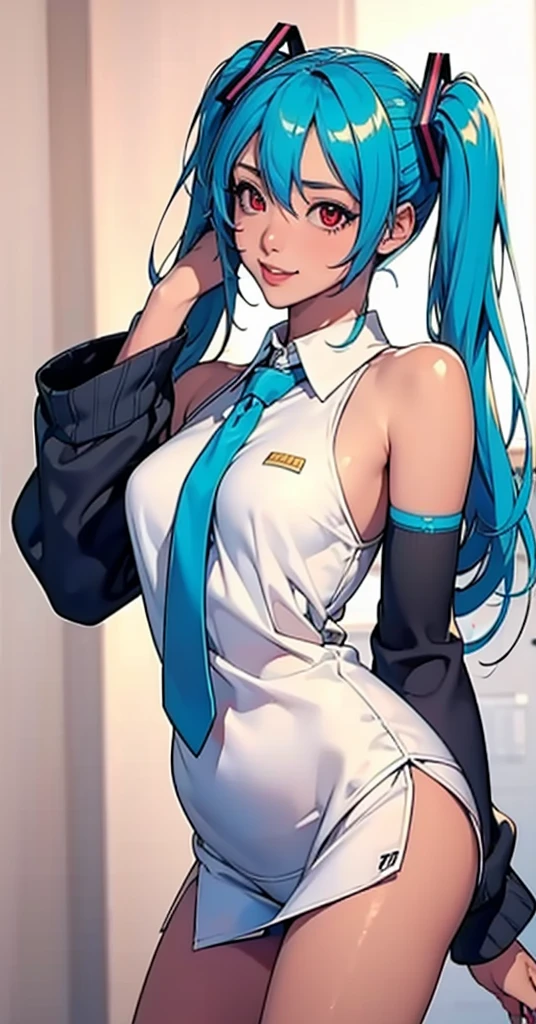 masterpiece, hatsune miku, White shirt, Blue tie, Exposing shoulders, The sleeves are separated, Evil Smiley Face, Dark Skin, Red eyes, Iris, Pupil orange,