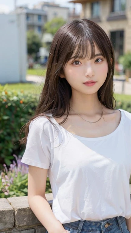 Highest quality, RAW Photos, Realistic, face, Incredibly beautiful girl, cute, Long Hair,garden,White tank top, Denim shorts, リラックスした座りポーズflat, breasts, small breasts, small,( small bust: 1.2), small bust, (slim, small, flat, small), thin, Delicate and sexy, sharp collarbone, flatカラーの背景, ((faceのアップ:1.3)), gravure,View your viewers,