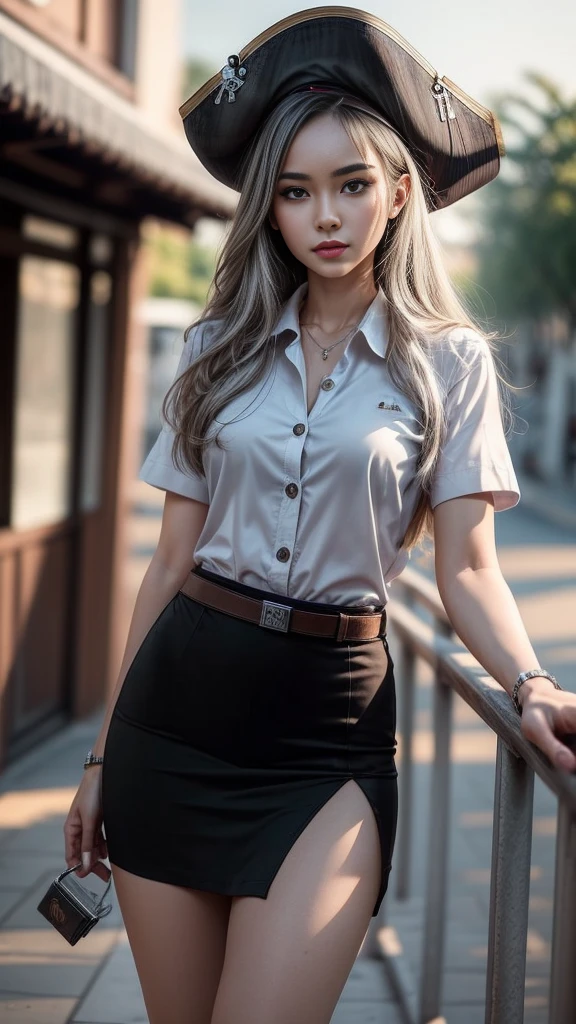 Thai university uniform, white short-sleeve button up shirt:1.2, black tight mini skirt:1.2, brown suede belt:1.2, silver metal shirt buttons:1.2, black straight long hair, masterpiece、beautiful girl、highest quality, High resolution, (reality: 1.4), Cinema Lighting,so beautiful、Beautiful Skin、(super reality)、(High resolution)、(8k)、(Very detailed)、(Very detailed)、 Detailed face, 20, perfect figure, perfect body proportions, torn skirt:1.2, silhouette shirt:1.3, pirate coat:1.3, pirate skull hat, pirate sword, eye pad, fake pirate mustache, windy:1.3