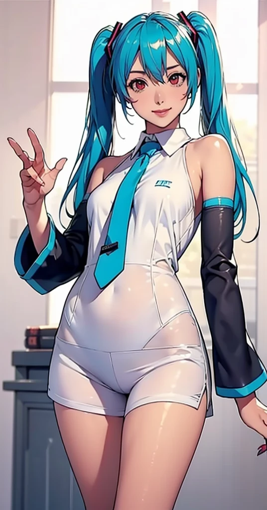 masterpiece, hatsune miku, White shirt, Blue tie, Exposing shoulders, The sleeves are separated, Evil Smiley Face, Dark Skin, Red eyes, Iris, Pupil orange,