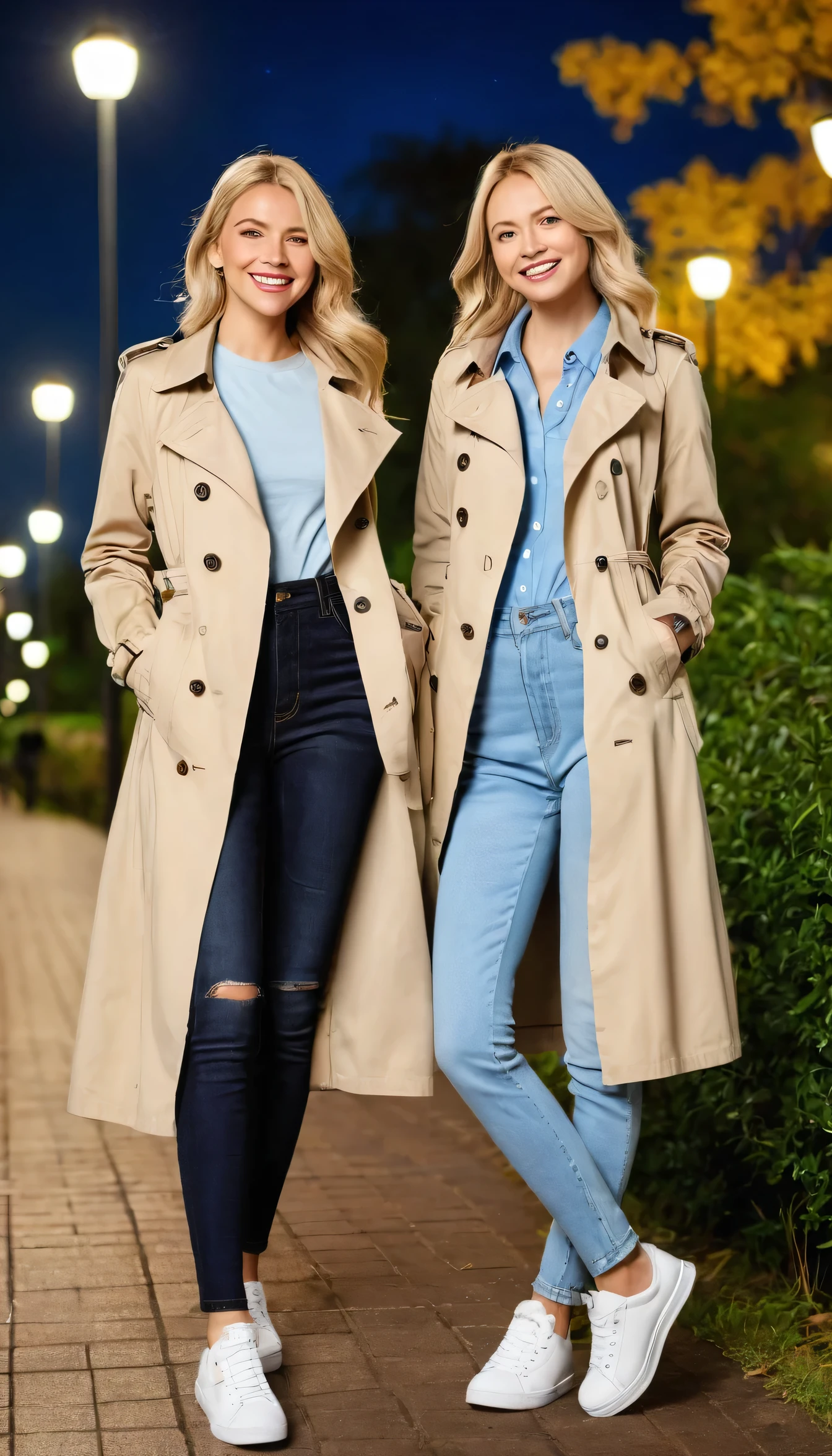 high quality,16K:1.1),(Written boundary depth:1.3) ,Full body photo、Two Caucasian women standing、smile、Smiling with teeth showing、Blonde Hair、blue eyes、Wearing a trench coat、shirt、Skinny jeans、sneakers、View your audience:1.3),(Full Body Shot:1.2),Background is a park at night