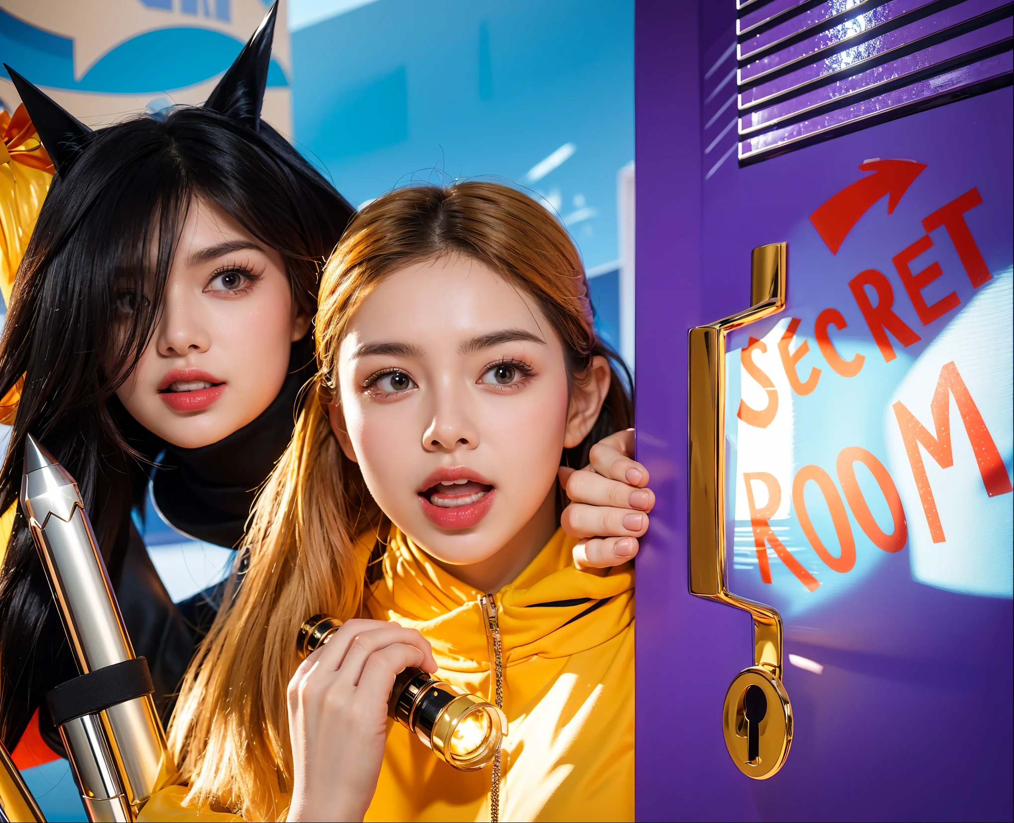 In this vivid portrayal, two contrasting characters emerge from a magical realm. On the left, a figure with dark, striking hair that defies gravity, exudes a mystique and power, her intense gaze captivating. To her right, bursts a figure of sunshine and cheerfulness, adorned in a bright yellow top and a polka-dotted red skirt, her smile wide and welcoming. The background of twinkling lights adds a festive and enchanting touch to the scene, enhancing the stark contrast between the dark, enigmatic character and her radiant, joyful companion. strong emotional display, set against the contrast of her vibrant attire and the plain background, creates a compelling visual narrative. vibrant contrast to his attire and accessories.аffects render, (glossy plastic texture with multiple big light probe refractions), perfect cgi, smooth silhouette, high intensity refraction, (super glossy plastic material), most beautiful vfx, , realistic, 4k, high resolution, rim light, smooth 3d model, multiple light sources, rim light, sharp post effects render,, realistic, 4k, high resolution, rim light detailed digital art, reflective, best quality, 4k, masterpiece:1.2, ultra-detailed, realistic, vivid colors, The image of the highest quality, ensuring every detail showcased perfectly. It in 4k resolution, allowing viewers to immerse themselves in the richness of the colors and intricate details. The realistic rendering. under the spotlight, reflecting, high-resolution image, realistic rendering