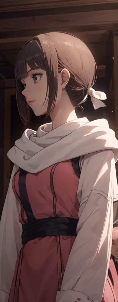 masterpiece), best quality, high resolution 1girl bob cut medium hair standing alone profile image looking at viewer beautiful eyes beautiful face extremely detailed pink clothing girly 井上 織姫