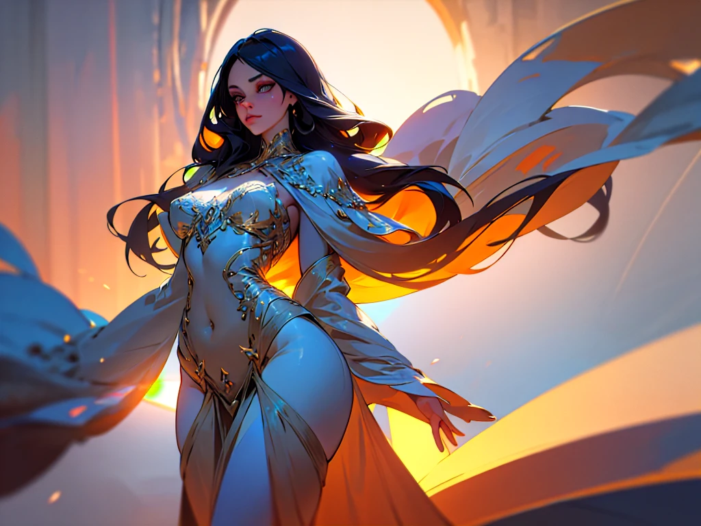 A beautiful girl standing full length, hands behind back, detailed face, beautiful eyes, long eyelashes, elegant pose, intricate details, realistic,photorealistic,photo-realistic:1.37,best quality,8k,highres,masterpiece:1.2,ultra-detailed,vivid colors,studio lighting,extremely detailed,elegant,serene,ethereal,atmospheric,dramatic lighting,cinematic