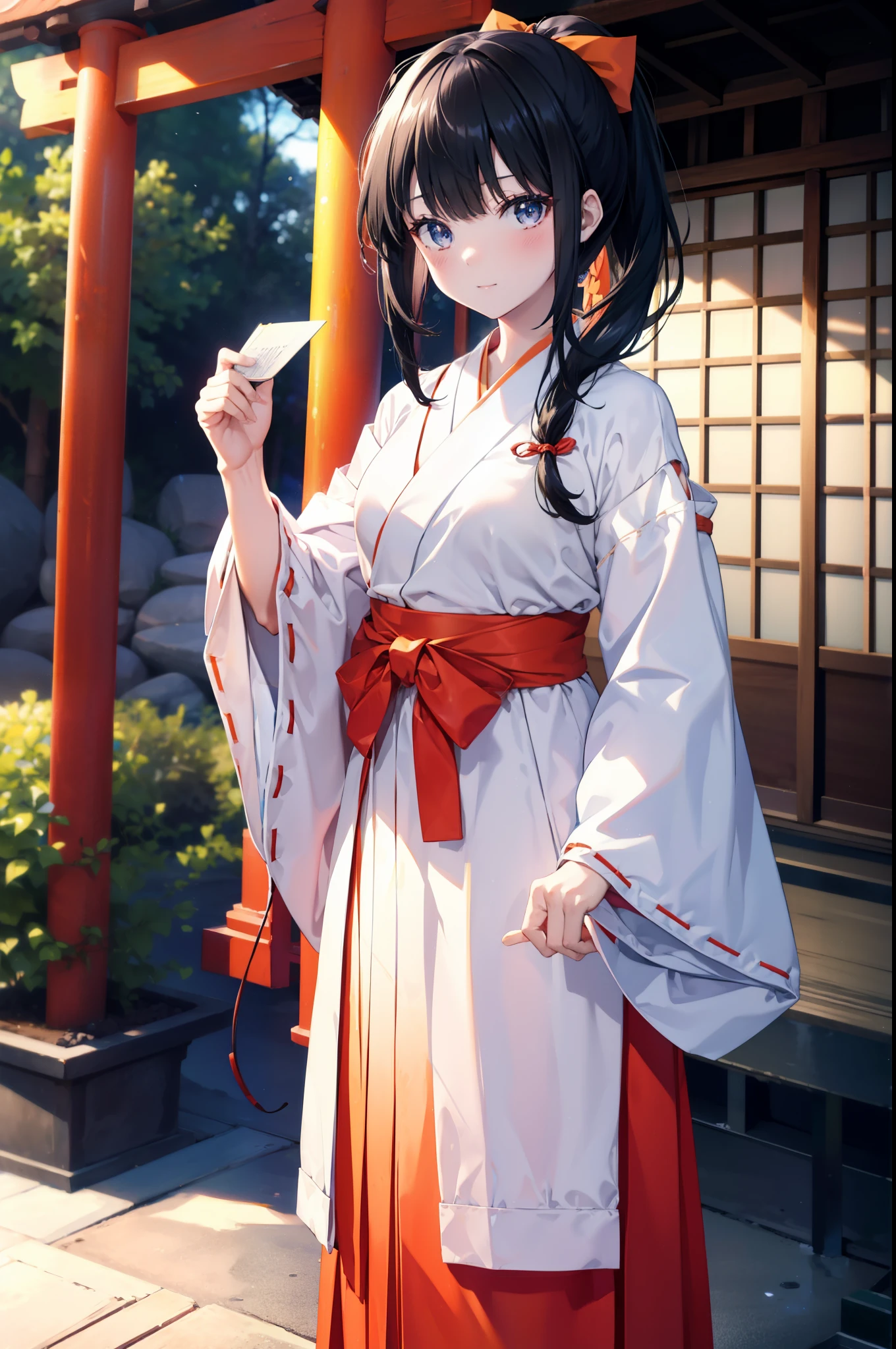 Rikka body, Black Hair, blue eyes, Long Hair, orange Scrunchie, Scrunchie, wrist Scrunchie,smile,blush,White Kimono, kimono,Red Hakama,White tabi,Sandals Wide Sleeve, Long sleeve, Ribbon-trimmed sleeves, Blunt bangs, Low ponytail, Are standing,whole bodyがイラストに入るように,sunset,evening,The sun is setting,
break outdoors, shrine,torii,
break looking at viewer, whole body,
break (masterpiece:1.2), Highest quality, High resolution, unity 8k wallpaper, (figure:0.8), (Beautiful attention to detail:1.6), Highly detailed face, Perfect lighting, Highly detailed CG, (Perfect hands, Perfect Anatomy),