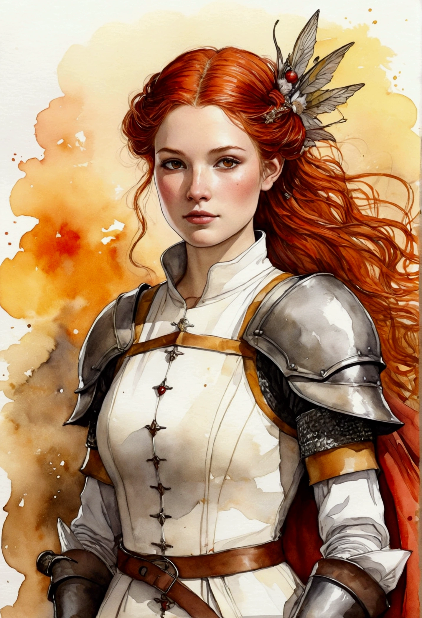 brown ink and watercolor, female medieval fantasy warrior, red bride hair, orange eyes, white gambeson, white black brown red clothes palette. yellow, extremely detailed, Highly detailed, masterpiece, fairy tale background, wonderland, Dynamic colors, fairy tale light, by Beatrix Potter and Jean-Baptiste Monge, 32k UHD
