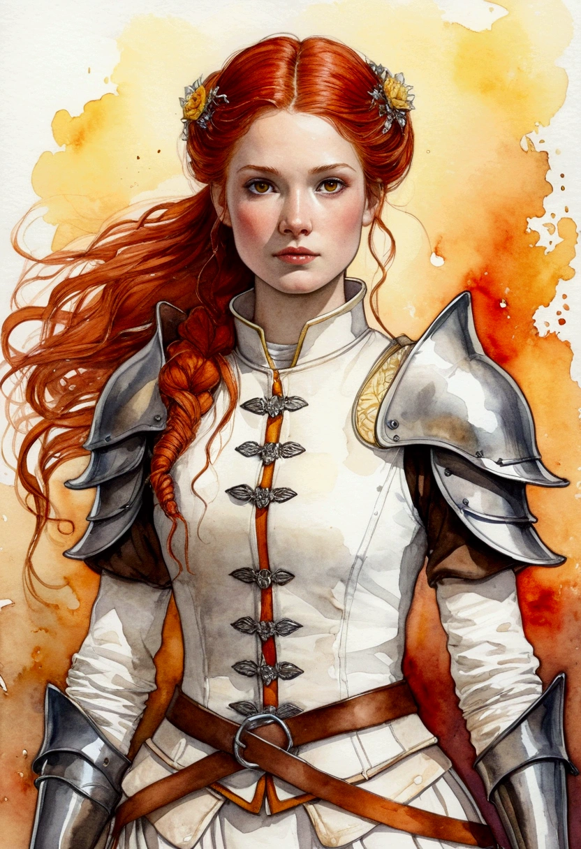 brown ink and watercolor, female medieval fantasy warrior, red bride hair, orange eyes, white gambeson, white black brown red clothes palette. yellow, extremely detailed, Highly detailed, masterpiece, fairy tale background, wonderland, Dynamic colors, fairy tale light, by Beatrix Potter and Jean-Baptiste Monge, 32k UHD
