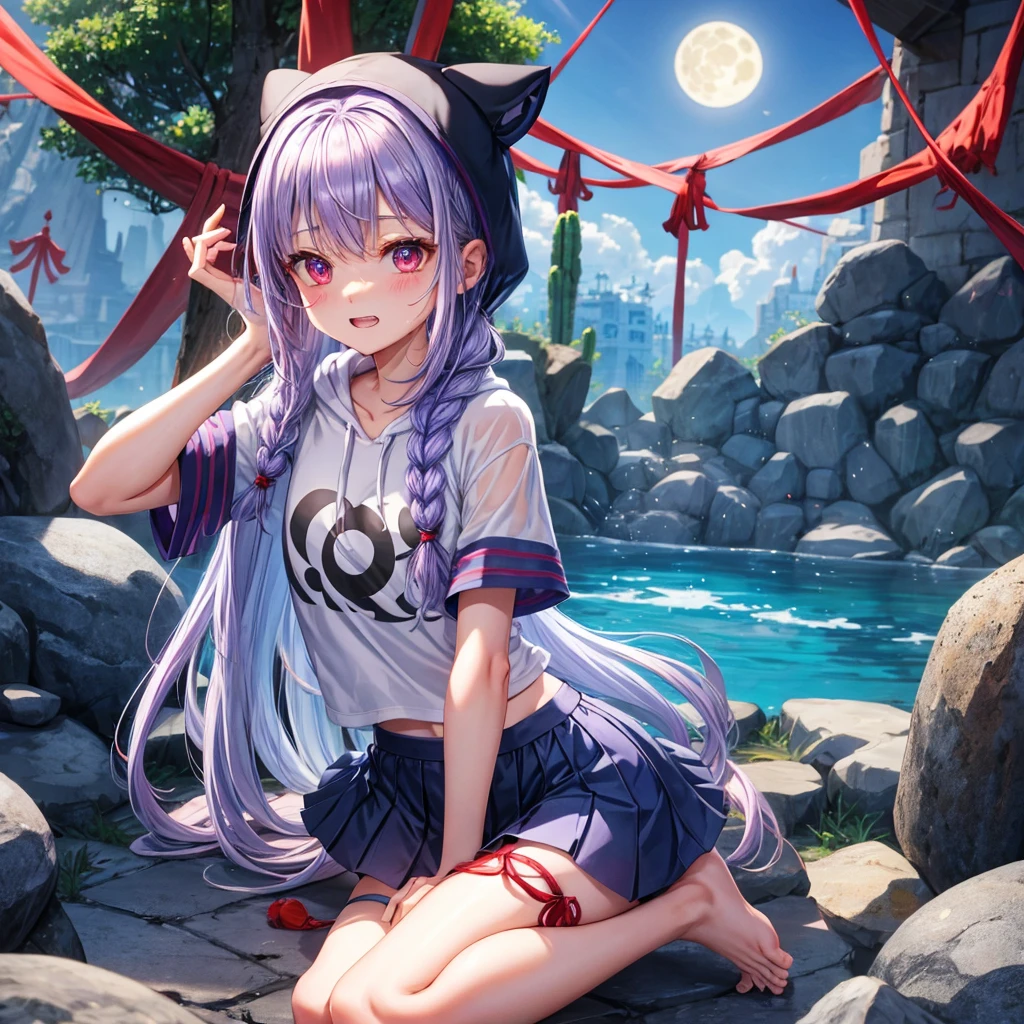 Blue-light purple hair、Red eyes、Braid、bandana、One cute girl、solo、And soul、Light clothing、Checked mini skirt、petal、Wet hair、black t-shirts、Rabbit Hoodie、large tree、cloud、Red full moon、desert、barefoot、Stones are piled up、Teeth are visible、Secret Treasure、Fortress City、Tilting face、Pedalling a bicycle