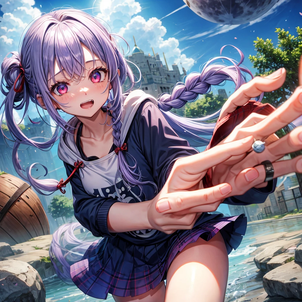 Blue-light purple hair、Red eyes、Braid、bandana、One cute girl、solo、And soul、Light clothing、Checked mini skirt、petal、Wet hair、black t-shirts、Rabbit Hoodie、large tree、cloud、Red full moon、desert、barefoot、Stones are piled up、Teeth are visible、Secret Treasure、Fortress City、Tilting face、Pedalling a bicycle