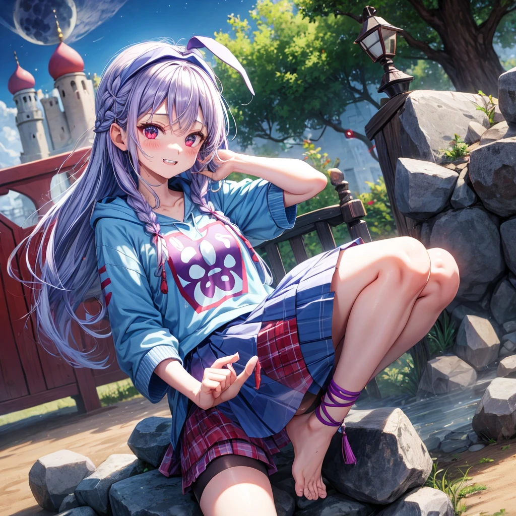 Blue-light purple hair、Red eyes、Braid、bandana、One cute girl、solo、And soul、Light clothing、Checked mini skirt、petal、Wet hair、black t-shirts、Rabbit Hoodie、large tree、cloud、Red full moon、desert、barefoot、Stones are piled up、Teeth are visible、Secret Treasure、Fortress City、Tilting face、Pedalling a bicycle