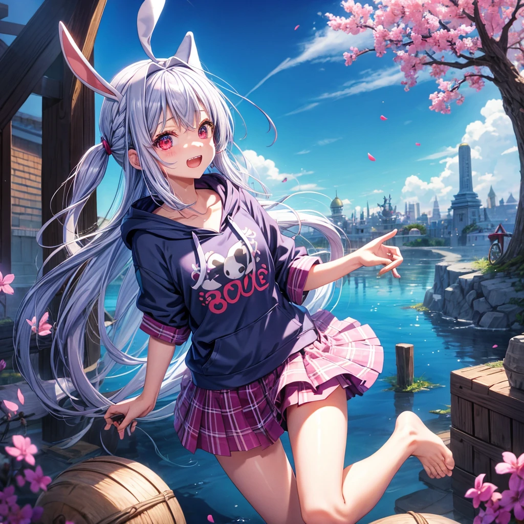 Blue-light purple hair、Red eyes、Braid、bandana、One cute girl、solo、And soul、Light clothing、Checked mini skirt、petal、Wet hair、black t-shirts、Rabbit Hoodie、large tree、cloud、Red full moon、desert、barefoot、Stones are piled up、Teeth are visible、Secret Treasure、Fortress City、Tilting face、Pedalling a bicycle