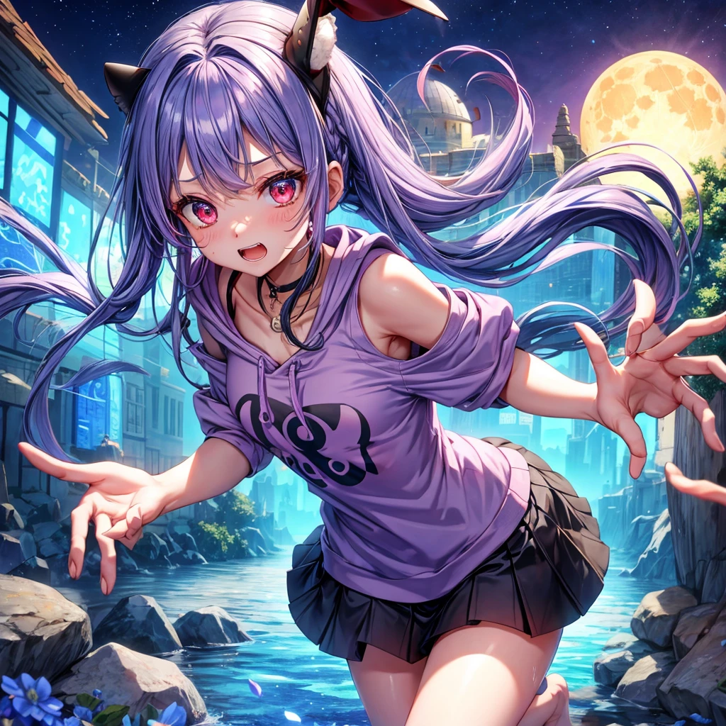 Blue-light purple hair、Red eyes、Braid、bandana、One cute girl、solo、And soul、Light clothing、Checked mini skirt、petal、Wet hair、black t-shirts、Rabbit Hoodie、large tree、cloud、Red full moon、desert、barefoot、Stones are piled up、Teeth are visible、Secret Treasure、Fortress City、Tilting face、Pedalling a bicycle