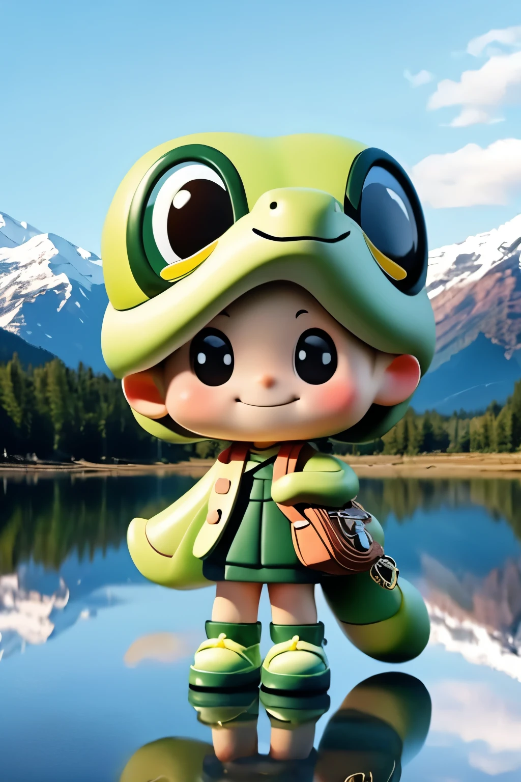 Realistic, full body, chibi girl, reflection of mountains in clothes, snake accessories, smile, cute shoes, dog bag