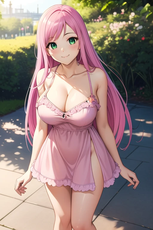 1 girl, 19 years old, Long pink hair, green eyes with slit pupils, master-piece, best quality, (standing up), (short dress), (floral, spaghetti strap, short pink summer light pink dress, no slit),  (Big , ultra gigantic , Super super big, Glamorous body), Make eye contact with the camera, front figure, looking forward, (light_Smile:1.5), (Detailed hands and fingers:1.2) (In the sunny park), (FULL BODYSHOT), thighs thighs thighs thighs、beauty legs、Bare legs