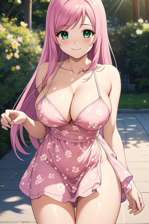 1 girl, 19 years old, Long pink hair, green eyes with slit pupils, master-piece, best quality, (standing up), (short dress), (floral, spaghetti strap, short pink summer light pink dress, no slit), (Big , ultra gigantic , Super super big, Glamorous body), Make eye contact with the camera, front figure, looking forward, (light_Smile:1.5), (Detailed hands and fingers:1.2) (In the sunny park), (FULL BODYSHOT), thighs thighs thighs thighs、beauty legs、Bare legs