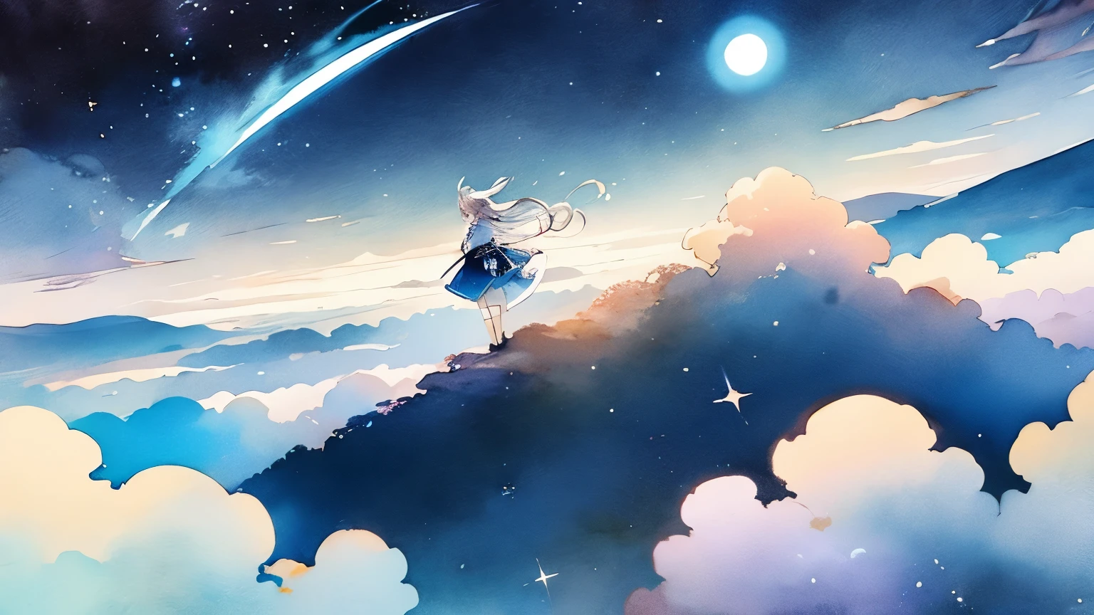 Above the Clouds、sleep、Calm、Sleep、Watercolor、landscape、background、Fantasy、night、Fantasy、Dream Painting、Highest quality、アニメのbackground、masterpiece、Very detailed、Great art、Atmospheric anime、Starry Sky、Detail enhancements、Fantasylandscape画、Fantasyナイト、A moment of bliss、アニメのbackground、No people needed