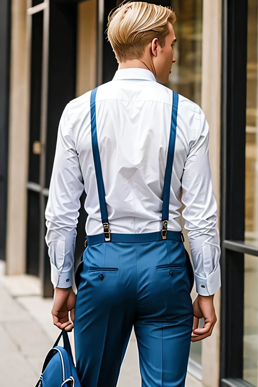 Blonde man wearing suspenders with blue suit pants showing butt without suit jacket