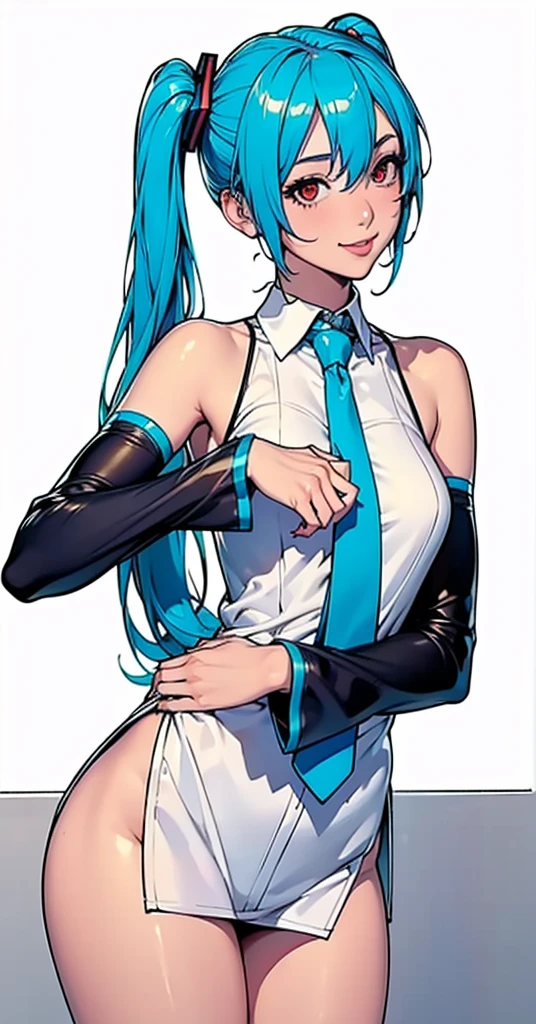 masterpiece, hatsune miku, White shirt, Blue tie, Exposing shoulders, The sleeves are separated, Evil Smiley Face, Dark Skin, Red eyes, Iris, Pupil orange,Nude,Variety of poses,