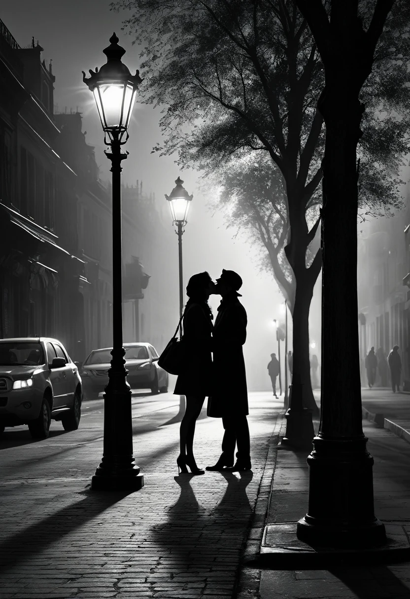 A silhouette of an enigmatic figure, identity obscured, whispering secrets into the ear of another, both standing at a crossroads under the limelight of a streetlamp with long shadows stretched behind them, ambiance charged with mystery, shadow play, contrasting tones, whispers visualized as tendrils of mist, intricate details highlighting the uncertainty of the situation, ultra HD, realistic, vivid colors, highly detailed, UHD drawing, pen and ink, perfect composition, octane render, 8