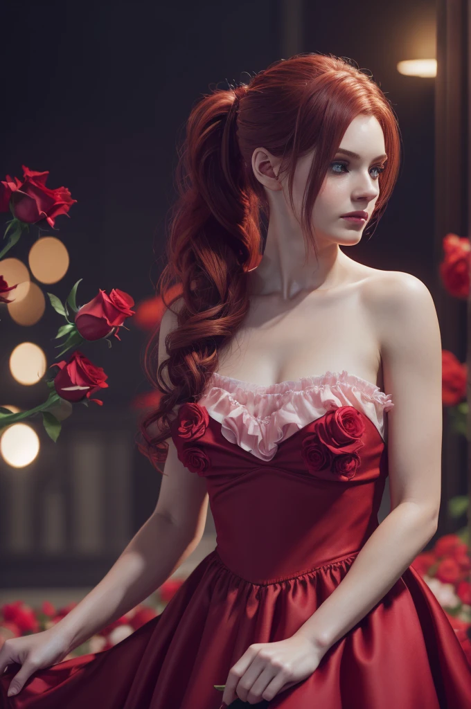 girl , 1solo, ponytail hairstyle ,Auburn-red-hair , hold flowers , digital painting, dramatic lighting, ultra realistic, smooth, soft 8k, art , blur backgrond, wearing dress, hold pink roses ,black background , bokeh, roses , botanique , look at view, roses