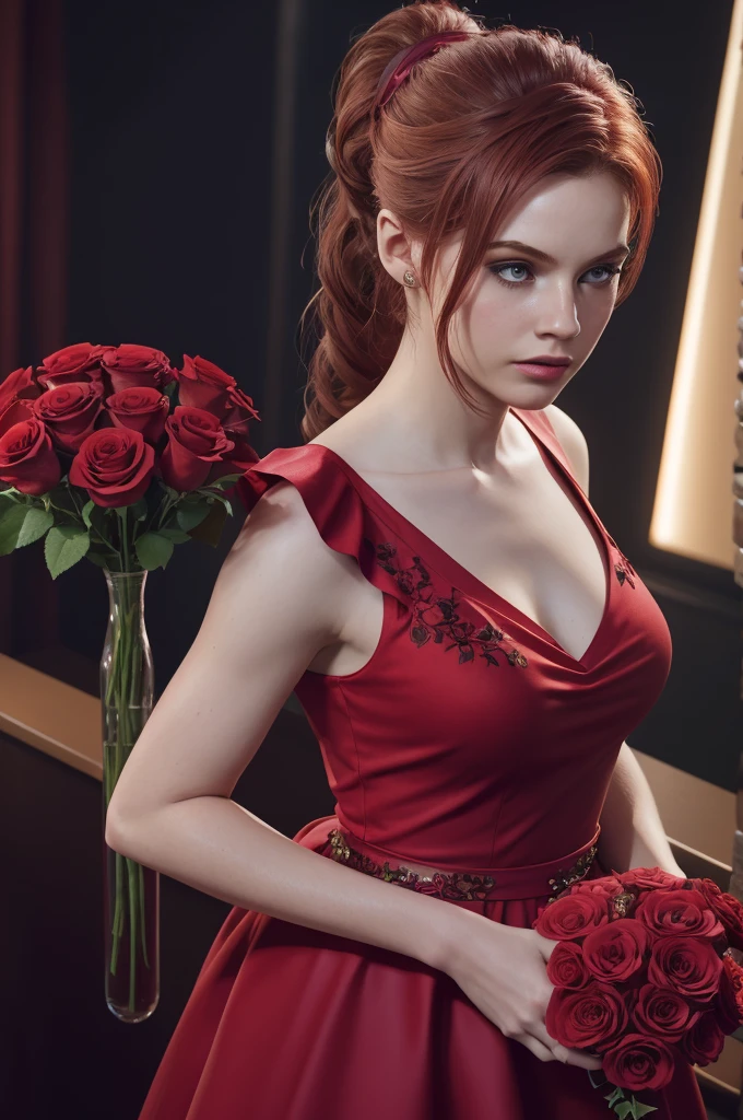 girl , 1solo, ponytail hairstyle ,Auburn-red-hair , hold flowers , digital painting, dramatic lighting, ultra realistic, smooth, soft 8k, art , blur backgrond, wearing dress, hold pink roses ,black background , bokeh, roses , botanique , look at view, roses