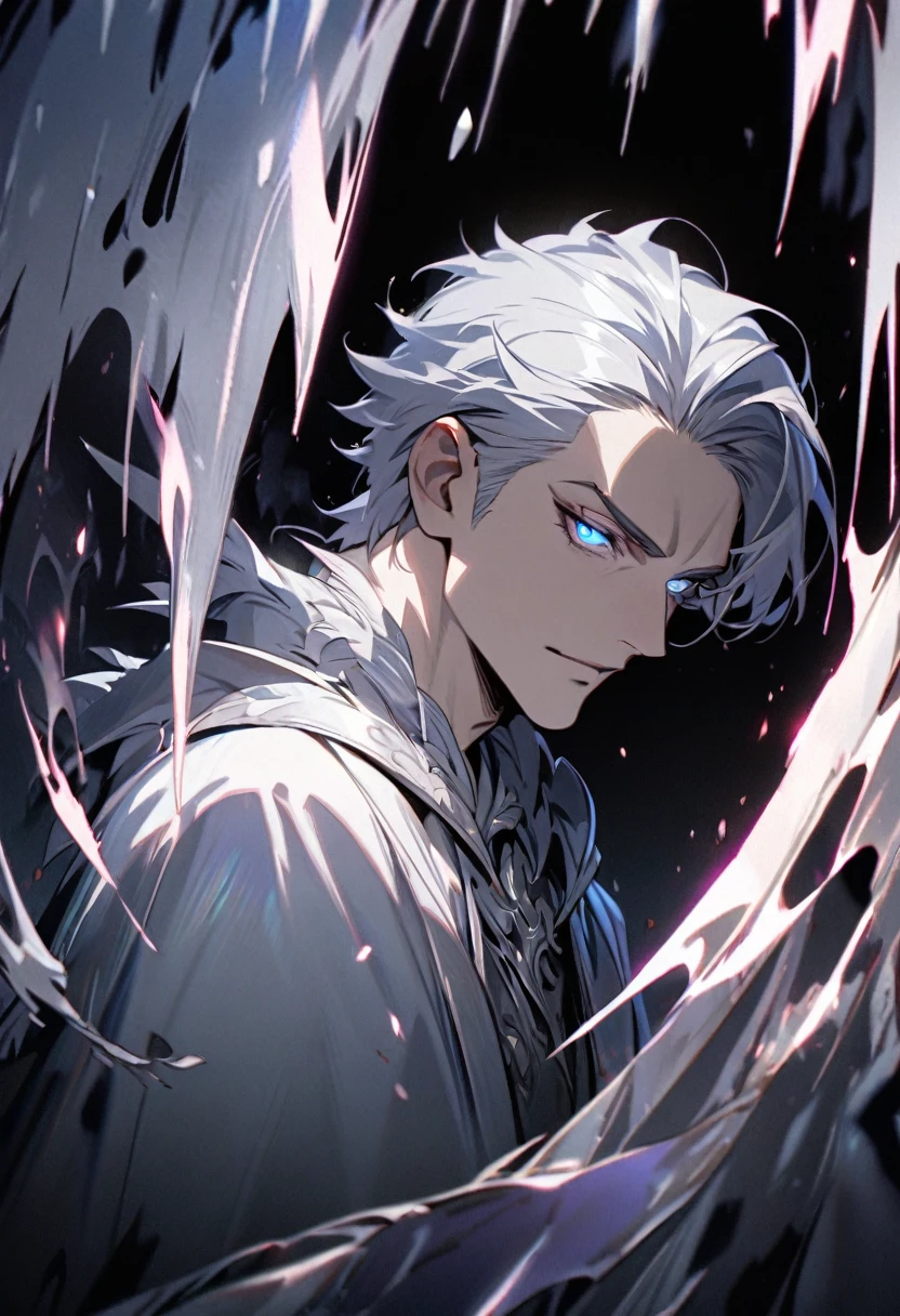male, solo, handsome, silver hair, shadow, experienced, dark silver general cloak, blue eyes, beautiful eyes, glowing eyes, high detail, masterpiece, villain, middle-age, silver aura, holo, macro picture, mature, anti hero, parted bang,  feather on shirt,
