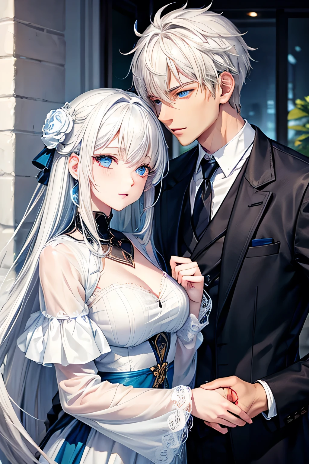 Male and female couple, white hair, blue eyes
