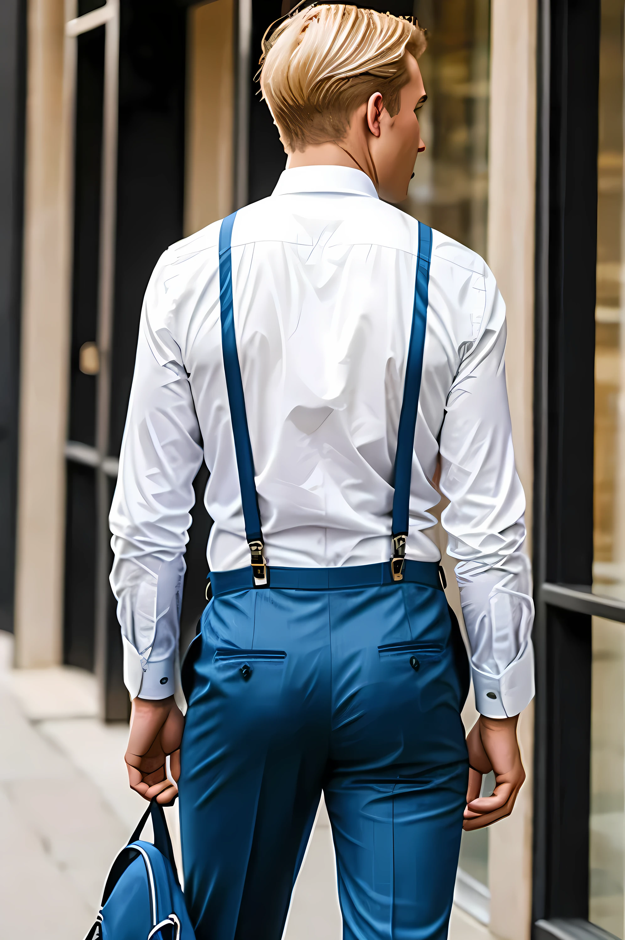 Blonde man wearing suspenders with blue suit pants showing butt without suit jacket