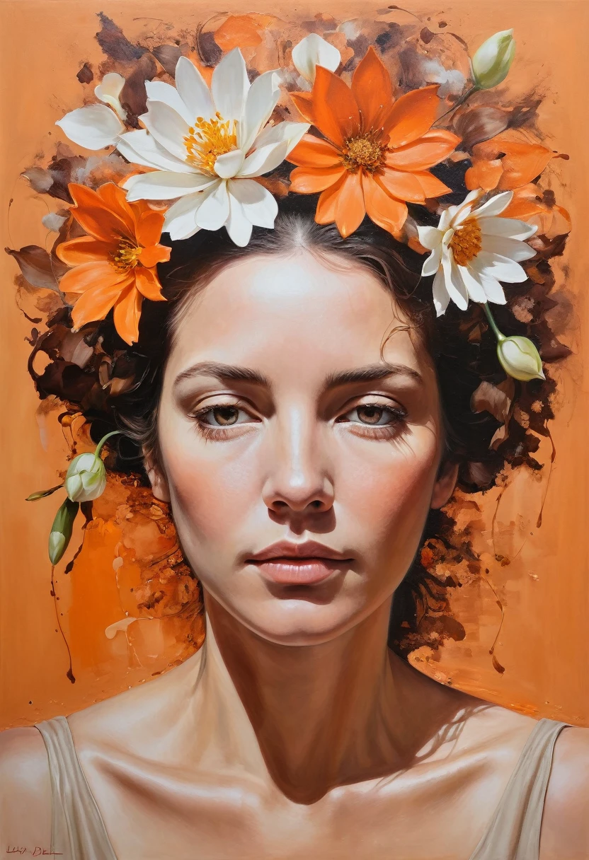 a woman with flowers on her head, acrylic painting, lucy glendinning style, tony dieterle, organic and natural composition, floral explosion, felicity pick, light orange and brown, calm and serene expression, 3:4 aspect ratio