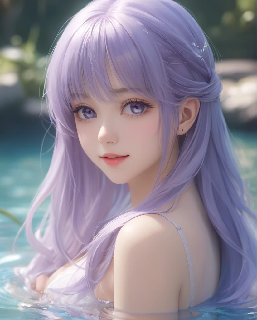 1girl, solo, blue eyes,very long hair, smile, looking at viewer,(full body:1.2), (purple|blue hair),breasts, lips, bangs, nose, closed mouth, medium breasts, realistic, simple background,(realistic:1.5),masterpiece, Extremely detailed CG unity 8k wallpaper, best quality, highres:1.2),(ultra_detailed, UHD:1.2),(pixiv:1.3),perfect illumination,distinct,unreal engine,sidelighting,perfect face,detailed face,beautiful eyes,pretty face,(bright skin:1.3),idol,ulzzang-6500-v1.1,soft smile,(simple background),(depth of field),(ringed eyes:1.4), (holo,holographic hair,holographic body),water, holo water, glass skin, glass,
