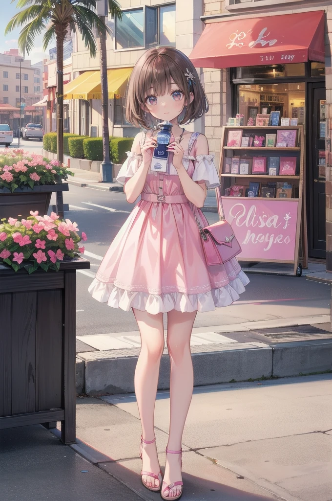 Shiny brown hair, short hair, Beautiful brown eyes、smile、Sparkling eyes, (fine grain)、Very beautiful eyes、Very detailed顔, Very detailed目,


(masterpiece:1.3, Highest quality, Ultra-high resolution, Very detailed), 

Create another scene with the same style, Outside the perfume shop, Perfume Bag, She is about to get in the car, her car is a C1 Corvette, Pink and white, C1 Corvette, 彼女はPink and whiteのチェック柄のドレスを着ており、The background is a California city in the 1980s...。, Palm trees and lots of pink flowers.