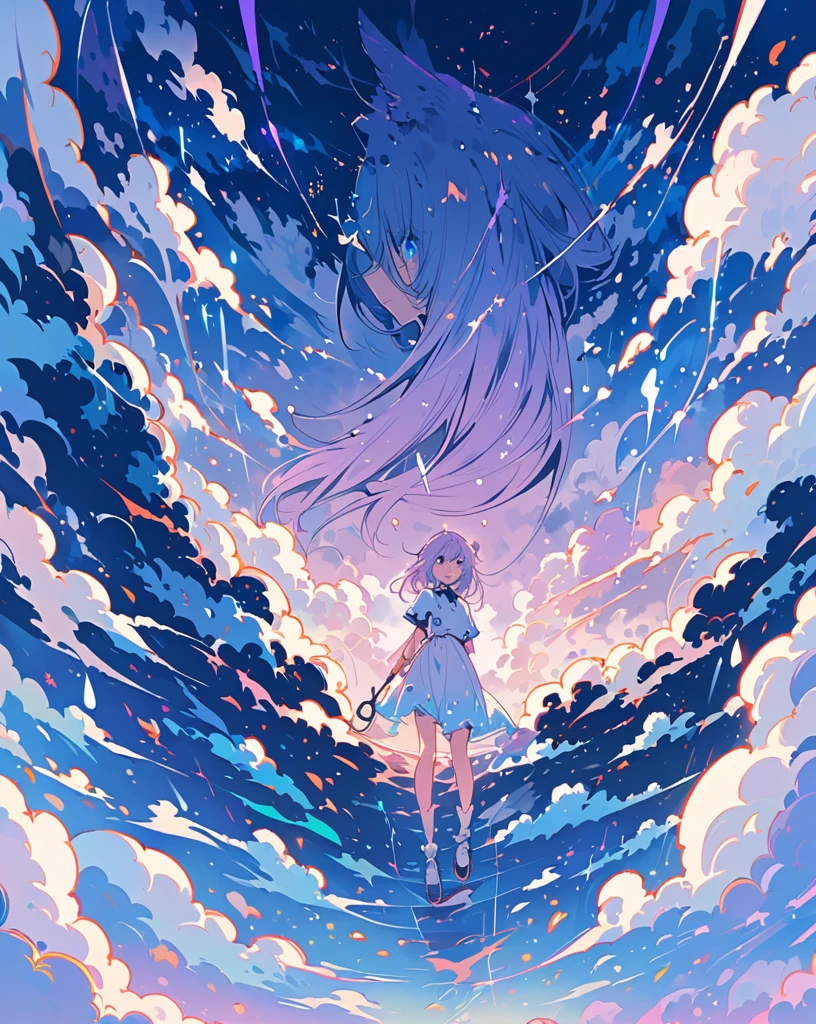 Masterpiece, 4k, anime digital painting style, eyes focus, nearly full body shot, laterale shot, 1nekogirl, neko ears with White fur, Light purple fox tail, Light purple hair, sky blue eyes, cloud inside sky blue eyes. ((Golf details only inside the eyes))
She is looking up at the rainy sky. She hold an umbrella but she He prefers not to stay under it, he wants to get wet with rain. Umbrella tilted away from her. She is crying but she is smiling. Ultra detailed eyes.
Colors:0.7blue,0.2purple,0.1gold.
It is raining, the sky is sky blue, cloud, thunder effects.
It's a sad shot composition, it make you reflect on life. Eyes are oversatured, the rest is undersaturated. Shot from below. She has eyes a little closed cause shes crying by the happyness