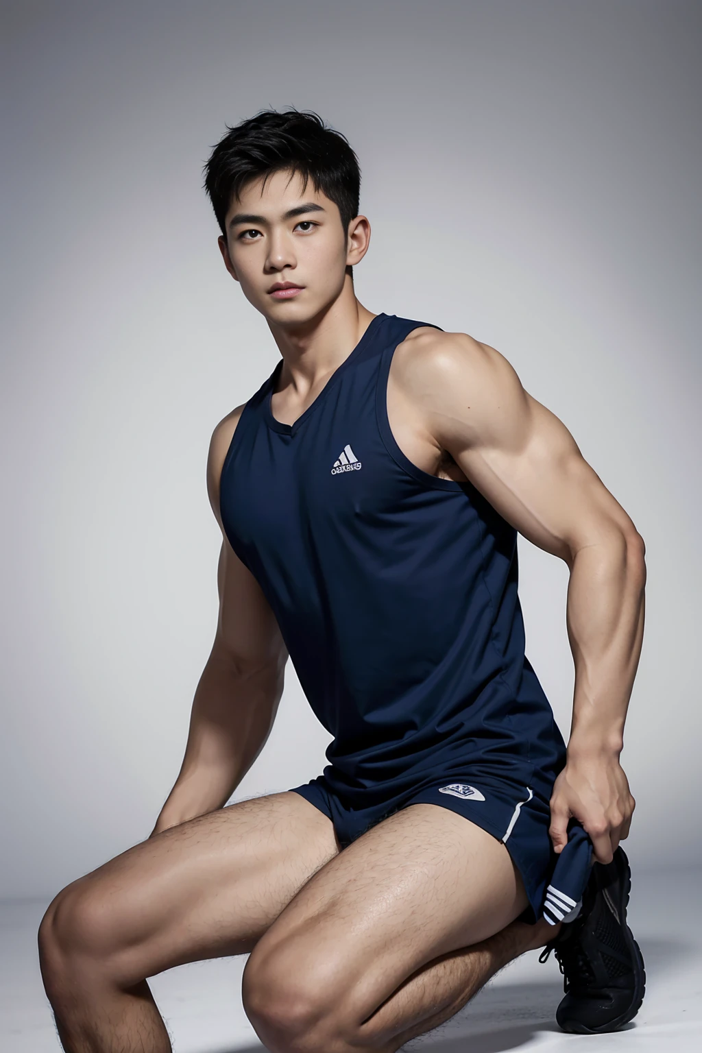 1 Handsome  naked Japanese guy ，Sexy pose, A 20 year-old man wearing a Naked chest shirt and Excellent shorts stands against a white background, navy blue, navy blue, Sports T-shirts, blue, Excellent Sportswear, Gorgeous sexy clothes, Sportswear, Short sleeve, Jinjinshen blue clothes, Short young man, Tennis Clothes, 穿着Sportswear, dark blue decorative clothing，male，Naked chest, Handsome，High target，Muscles look good，Hairy body，Sexy expressions, Wheat skin color，black eyes（Fine eye 1：3），Full body portrait, Excellent, Perfect shape, ,Detailed you, , Mostly juicy ass, Open your legs