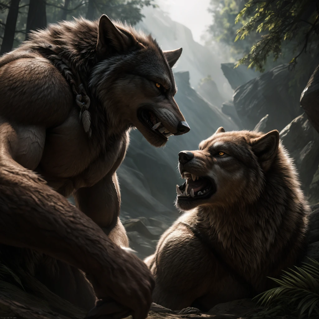 There is a cartoon，There is a dragon with a dog in the forest, Muscular Werewolf,Anthropomorphic wolf, Wall Art, Furry fantasy art, POV furry art, Black Dragon Man, Humanity Art, Anthropomorphized Dragon Man, High resolution consignment, Anthropomorphic dragon