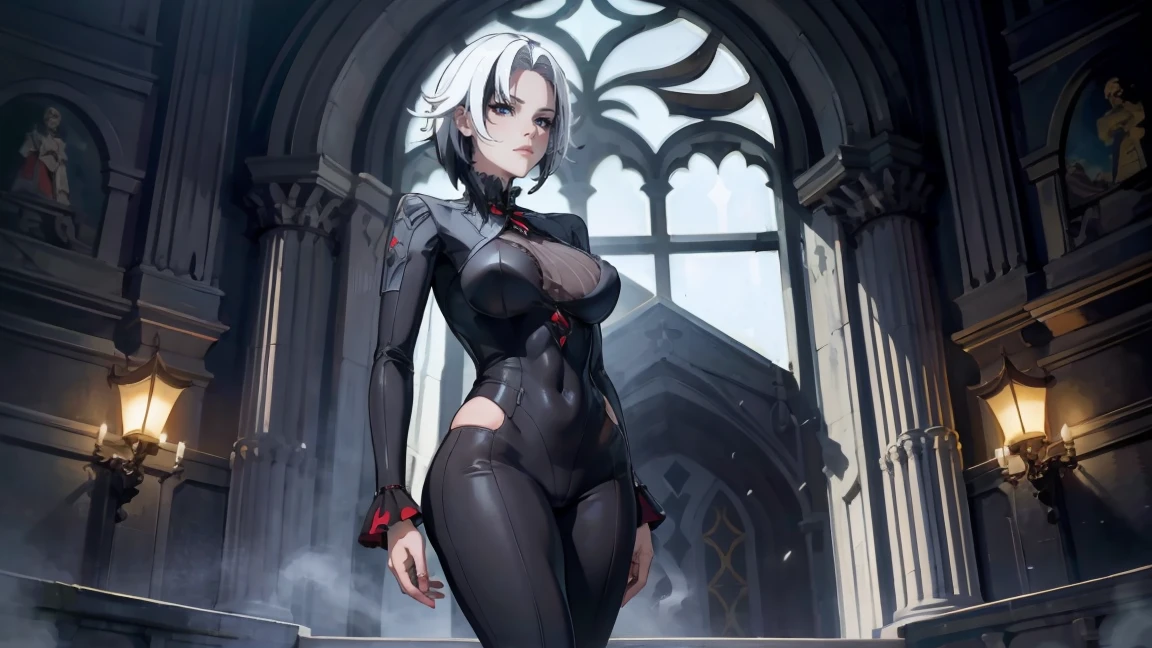 thick outlines, comics, photorealistic, perfect hands, masterpiece:1.2, body and face close, portrait of a girl, ass pov, tight clothes, beautiful figure, red crosses instead of pupils, full length (full body 1.1), кафедральный cathedral, Dark, Gothic, detailed background, snow, cathedral, 1 girl, One, White hair, black hair, multicolored hair, X-shaped pupils, black eyes, Arles_suit, , detailed background, detailed face, detailed eyes,