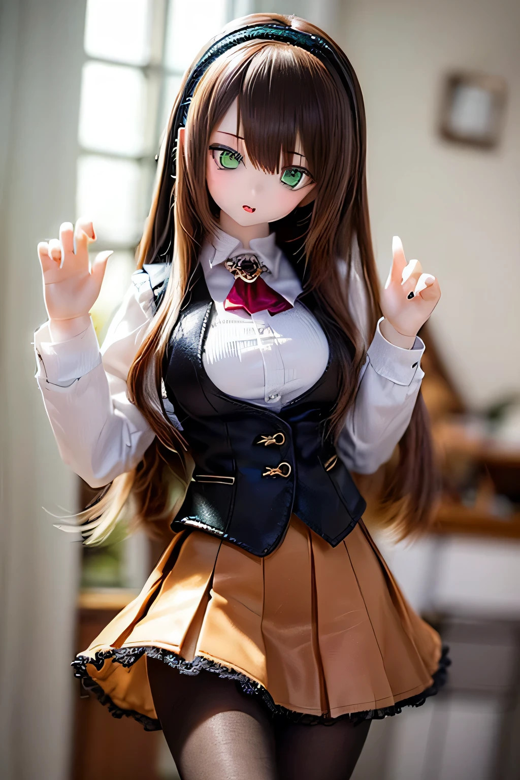 (SFW:2), photorealistic, realistic photo, 8k, ((highest quality)), ((masterpiece)), (extremely detailed), kukolnydom, doll, (mature woman, 21yo, 21 years old, solo:1.6), ((cowboy shot, standing, head tilt, slim, slender, skinny, medium breasts, hairband, ascot, vest, blouse, long puff sleeves, pleated skirt, black pantyhose)), (green eyes, brown hair, long hair, plastic skin, looking at another, glass eyes, gradient eyes, shining eyes, detailed eyes:1.3)