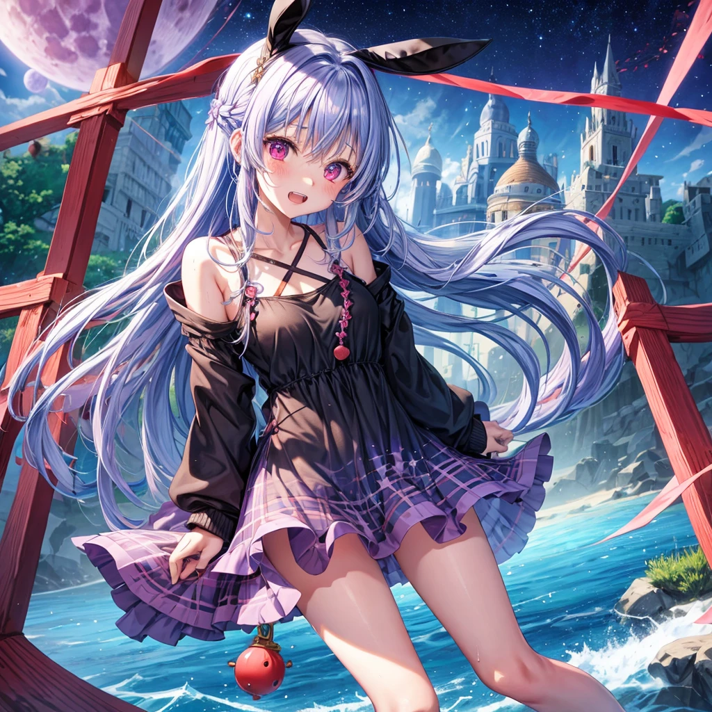 Blue-light purple hair、Red eyes、Braid、One cute girl、solo、And soul、Light clothing、Checked mini skirt、petal、Wet hair、black t-shirts、Rabbit Hoodie、large tree、cloud、Red full moon、desert、barefoot、Stones are piled up、Teeth are visible、Secret Treasure、Fortress City、Tilting face、Pedalling a bicycle、hourglass