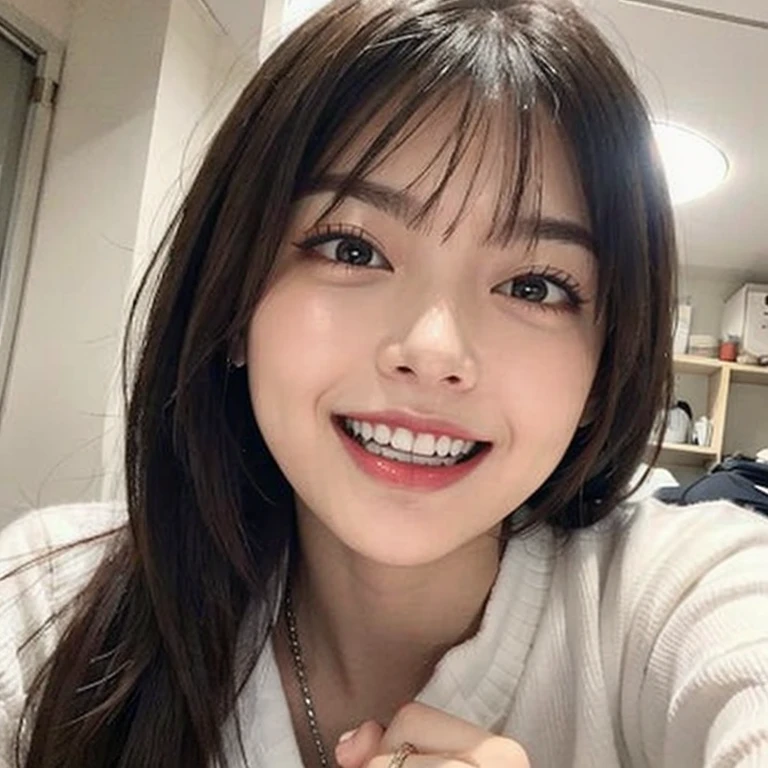 Perfect teeth alignment，Licking one&#39;s lips，(Highest quality,masterpiece:1.3,超High resolution),(Very detailed,Caustics,8k),(Realistic:1.4,RAW shooting),Super detailed, 超High resolution, Rembrandt Lighting,Ray Tracing,Detailed skin texture, 18-year-old,Japanese,黒いLong Hair,耳前にLong Hair, (Long Hair:1.2), (Wavy Hair:1.2), (鈍いbangs:1.2),Rembrandt Lighting, (PhotoGenuineistic:1.2), (Highest quality), (Detailed skin:1.3), (Intricate details), Ray Tracing,One Girl, In detail,Genuine，Perfect teeth alignment，Sticking out tongue， One Girl， Very beautiful face and eyes，肩のLong Hair, 顔front, (Intricate details), dramatic, Ray Tracing, 顔front, Scattered under the surface,(blush:0.5), front, bangs, Hair between the eyes, One Girl, Cute Japanese Girl,Detailed skin texture, Skin above the collarbone, Bare skin on the shoulders, masterpiece, Highest quality, High resolution, View your audience、(Face Focus:1.1),(Face close-up:1.1),Idol,

