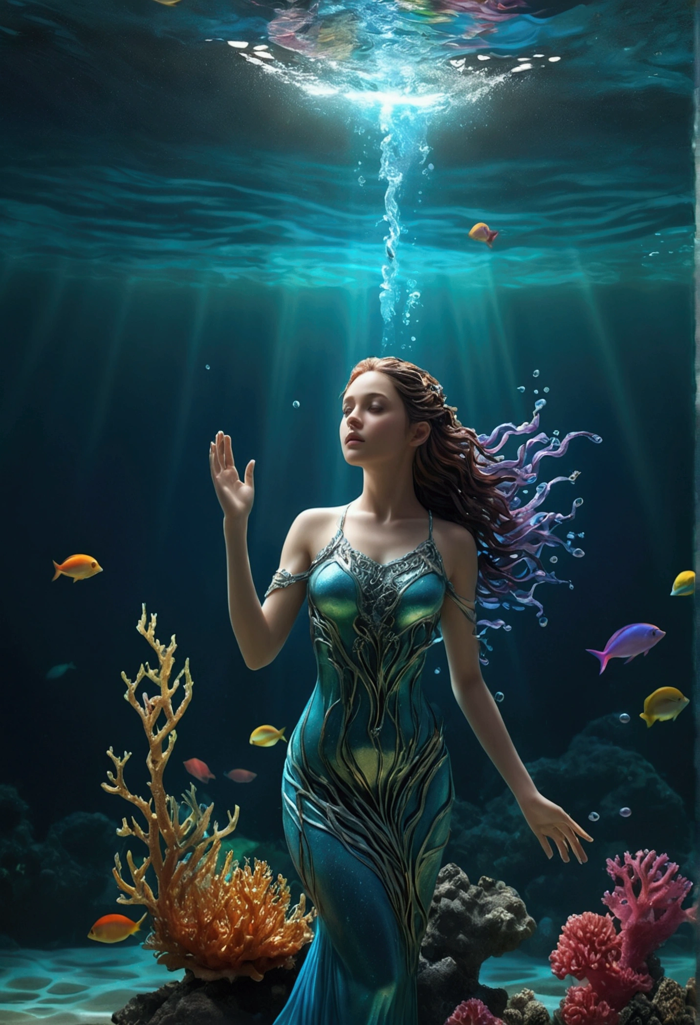 (Highest quality,4K,High resolution,masterpiece:1.2),Very detailed,(Realistic,photoRealistic,photo-Realistic:1.37),Female Water Spirit,Water Meat,Water composition,Coral Surroundings,Rainbow colors,Aqua Lighting,Fantasy Style,Surreal,Mysterious,reflection,Fluid movement,translucent,Calm expression,liquid,Magical atmosphere,Underwater Scene,Scale with attention to detail,Glowing water droplets,Floating Hair,Breathtaking beauty,Graceful pose,Quiet background,deep sea,Seaweed Vines,Soft glow,Subtle Shadows,Calm waves,Pearl of the Sea,Submerged statue,Hidden Treasure,Otherworldly,Charmed,Secrets of the abyss,Peaceful atmosphere