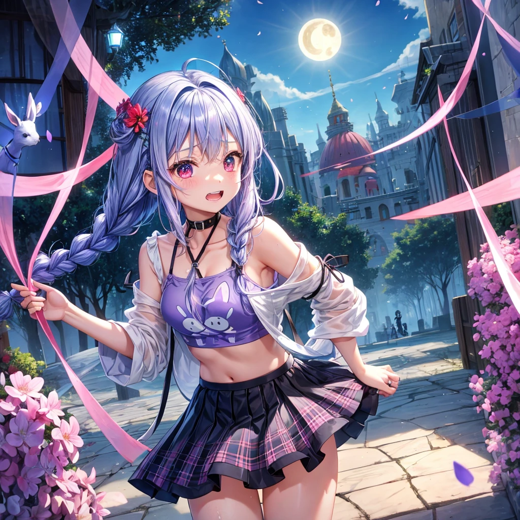 Blue-light purple hair、Red eyes、Braid、One cute girl、solo、And soul、Light clothing、Checked mini skirt、petal、Wet hair、black t-shirts、Rabbit Hoodie、large tree、cloud、Red full moon、desert、barefoot、Stones are piled up、Teeth are visible、Secret Treasure、Fortress City、Tilting face、Pedalling a bicycle、hourglass
