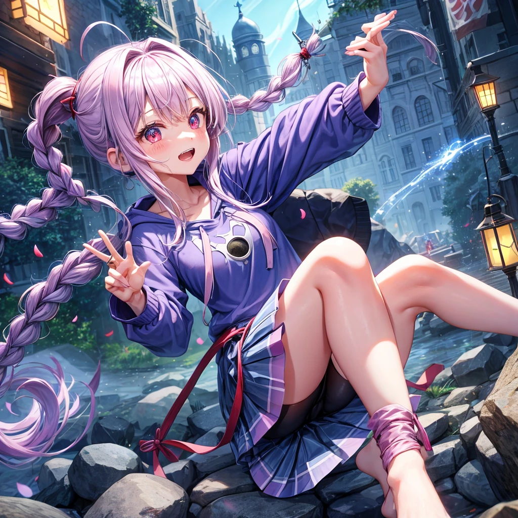 Blue-light purple hair、Red eyes、Braid、One cute girl、solo、And soul、Light clothing、Checked mini skirt、petal、Wet hair、black t-shirts、Rabbit Hoodie、large tree、cloud、Red full moon、desert、barefoot、Stones are piled up、Teeth are visible、Secret Treasure、Fortress City、Tilting face、Pedalling a bicycle、hourglass
