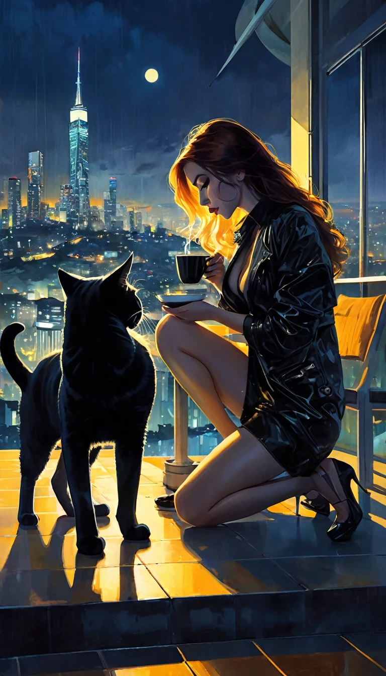 very sexy girl drinks coffee with her pet cat, on a terrace overlooking a futuristic city, sunrise, eroticism, sexy, between shadows, oil painting, chiaroscuro, sensual, dramatic lighting, moody atmosphere, photorealistic, intricate details, masterpiece, ultra-detailed, high quality, 8k, best quality, realistic, cinematic, dark and brooding, expressionistic, powerful composition, emotional impact, Bill Sienkiewicz inspired art