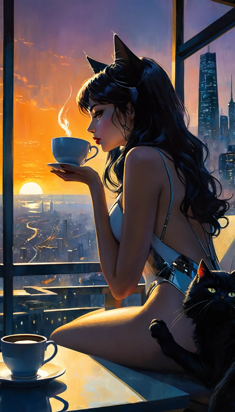 very sexy girl drinks coffee with her pet cat, on a terrace overlooking a futuristic city, perfect ass, sunrise, eroticism, sexy, black and white image, between shadows, oil painting, chiaroscuro, sensual, dramatic lighting, moody atmosphere, photorealistic, intricate details, masterpiece, ultra-detailed, high quality, 8k, best quality, realistic, cinematic, dark and brooding, expressionistic, powerful composition, emotional impact, Bill Sienkiewicz inspired art