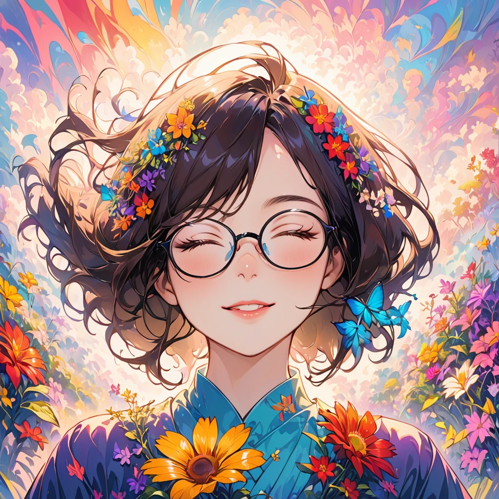 (psychedelic art:1.5), (from below:1.2), complicated clothes, Upper body, eyes closed,a teacher, wear glasses, （There are dozens of flowers around：1.4）, Upper body lens，(happy:1.2), Her hair is long with yellow and black highlights.