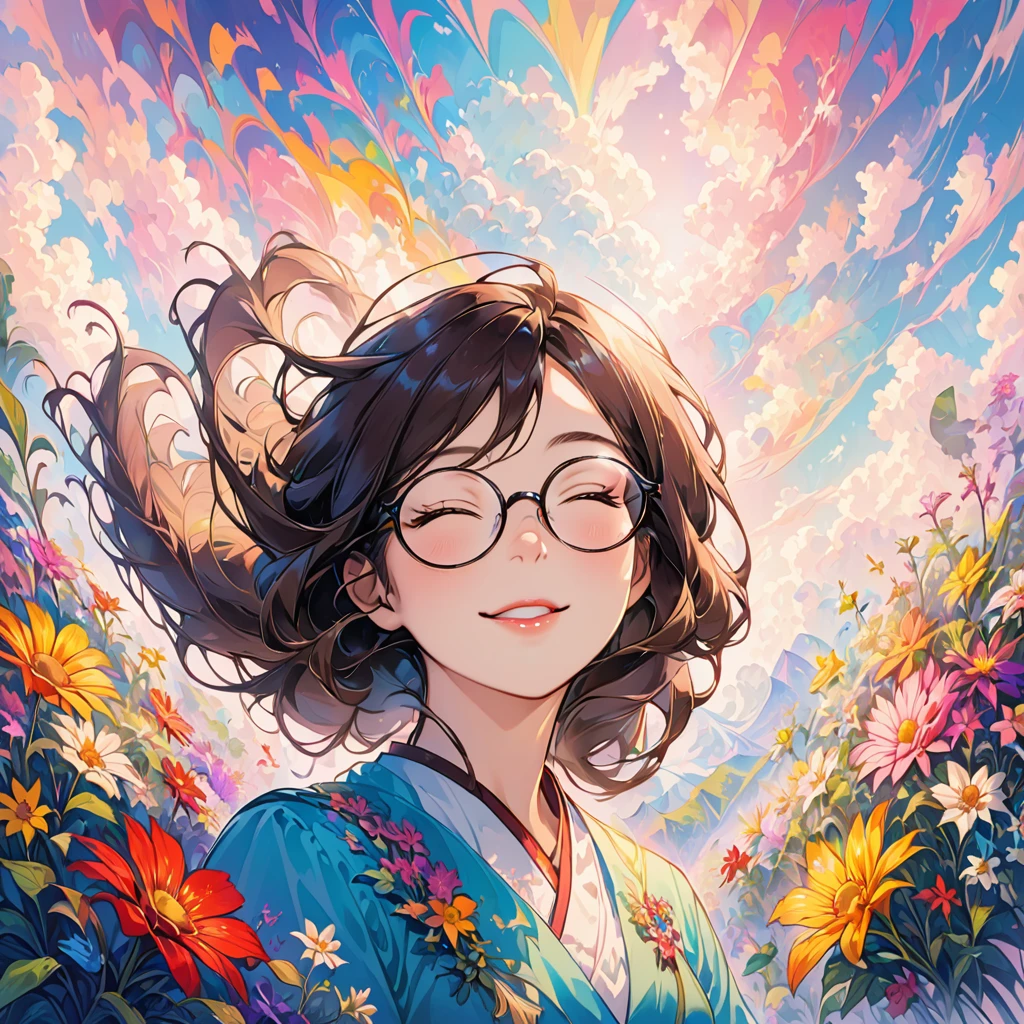(psychedelic art:1.5), (from below:1.2), complicated clothes, Upper body, eyes closed,a teacher, wear glasses, (There are dozens of flowers around:1.4), Upper body lens,(happy:1.2), Her hair is long with yellow and black highlights.