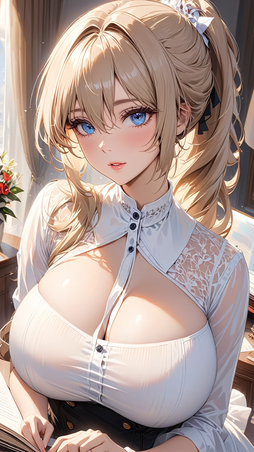 masterpiece:1.4,best-quality,Super Detail,Very Delicate and Beautiful, (( A beautiful woman )), beige hair, gigantic breasts, business dress, beautiful eyes