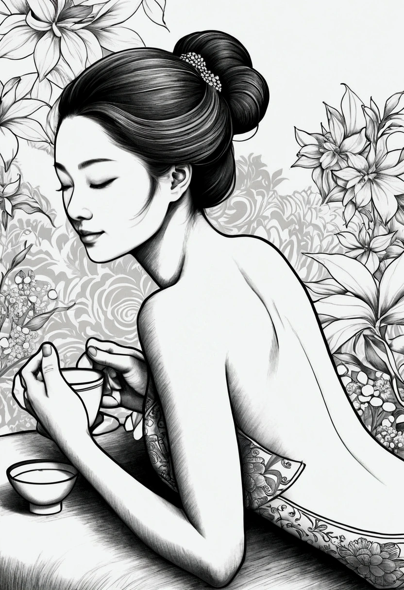 Drawing of a woman enjoying a massage，Tea tasting scene，There should be clothes on the back，At the same time, color，Tachibana，The overall feeling is warm